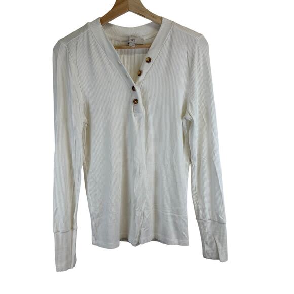 Loft White Button V Neck Long Sleeve Ribbon Casual Shirt Womens Size Large - Picture 1 of 14